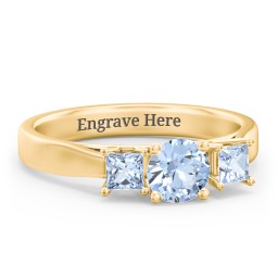 Three Stone Eternity with Princess Accents Ring in 10K Solid Yellow Gold with Aquamarine