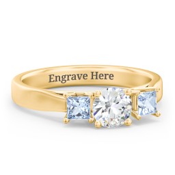 Three Stone Eternity with Princess Accents Ring in 14K Solid Yellow Gold with Cubic Zirconia and Aquamarine