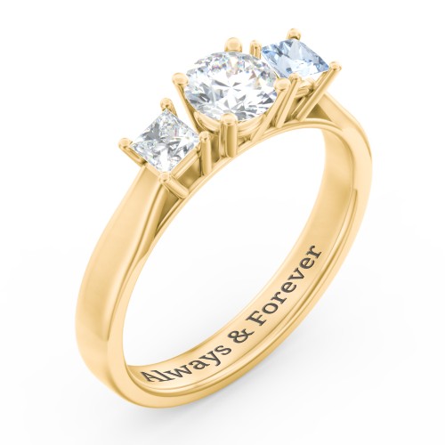 Three Stone Eternity with Princess Accents Ring – 10K Yellow Gold with Diamond and Aquamarine