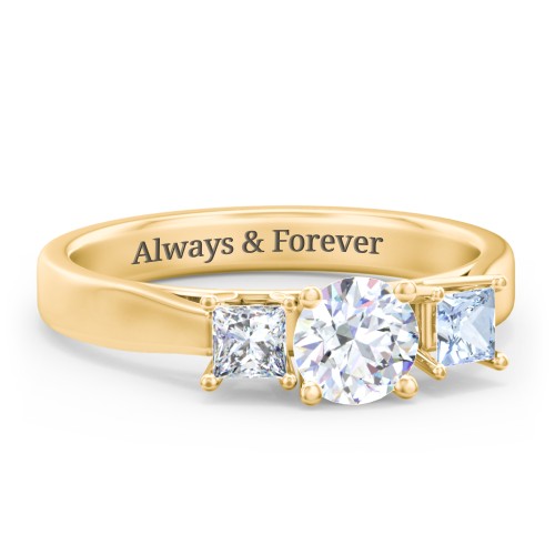 Three Stone Eternity with Princess Accents Ring – 10K Yellow Gold with Diamond and Aquamarine