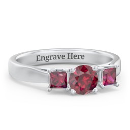 Three Stone Eternity with Princess Accents Ring in 925 Sterling Silver with Ruby