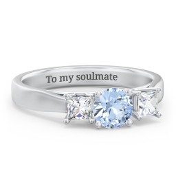 Three Stone Eternity with Princess Accents Ring in 925 Sterling Silver with Aquamarine and Cubic Zirconia