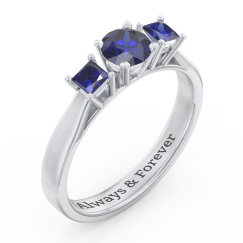 Three Stone Eternity with Princess Accents Ring – Sterling Silver with Blue Sapphire