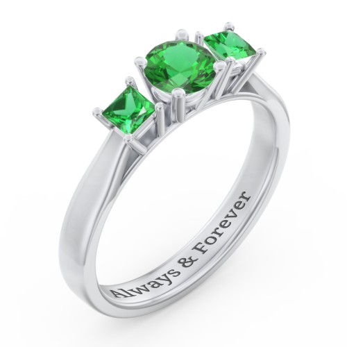 Three Stone Eternity with Princess Accents Ring – Sterling Silver with Emerald