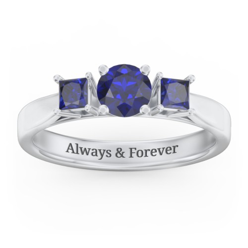 Three Stone Eternity with Princess Accents Ring – Sterling Silver with Blue Sapphire