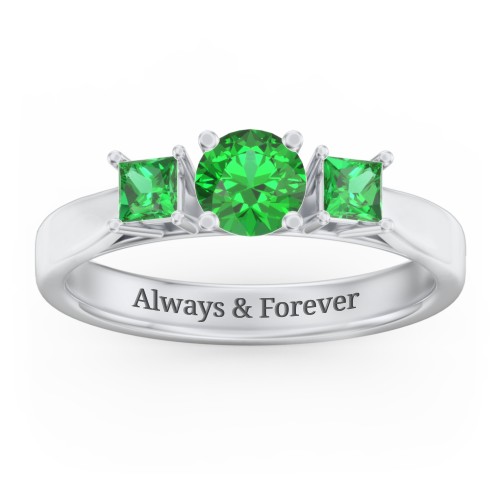 Three Stone Eternity with Princess Accents Ring – Sterling Silver with Emerald