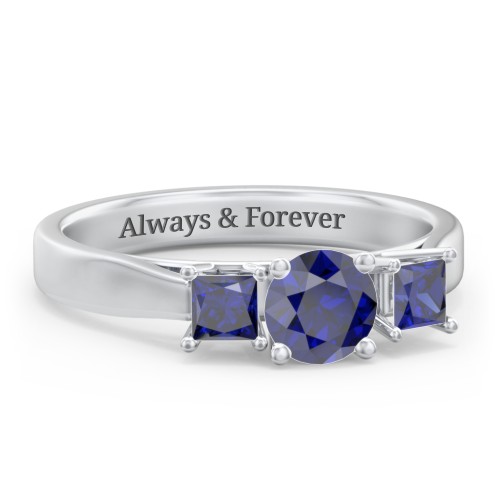 Three Stone Eternity with Princess Accents Ring – Sterling Silver with Blue Sapphire