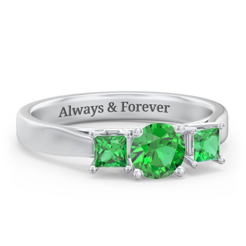 Three Stone Eternity with Princess Accents Ring – Sterling Silver with Emerald
