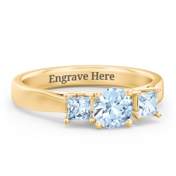 Three Stone Eternity with Princess Accents Ring in 10K Solid Yellow Gold with Aquamarine
