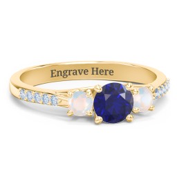 Three Stone Eternity Ring with Twin Accent Rows in 14K Solid Yellow Gold with Blue Sapphire, Opal, and Fancy Blue Premium Zirconia