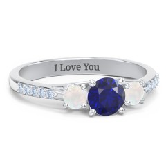 Three Stone Eternity Ring with Twin Accent Rows – Sterling Silver with Blue Sapphire, Opal, and Fancy Blue Premium Zirconia