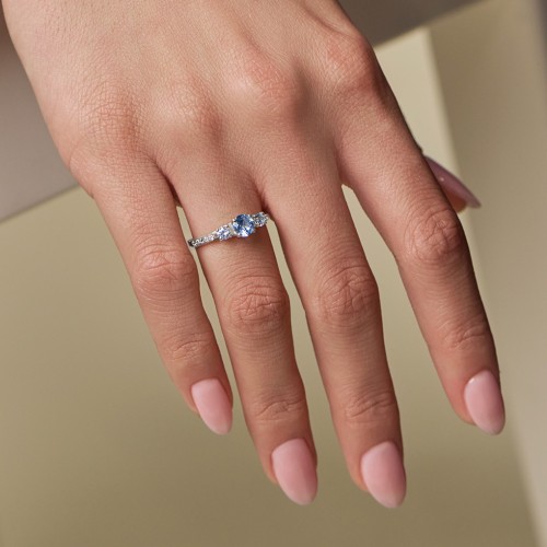 Three Stone Eternity Ring with Twin Accent Rows – Sterling Silver with Blue Sapphire, Opal, and Fancy Blue Premium Zirconia