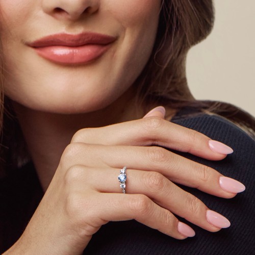 Three Stone Eternity Ring with Twin Accent Rows – Sterling Silver with Blue Sapphire, Opal, and Fancy Blue Premium Zirconia