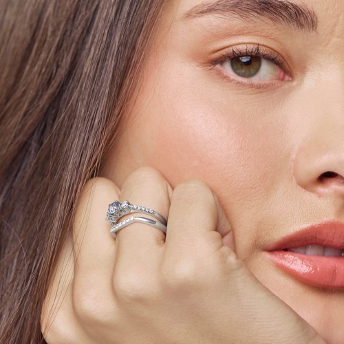 Three Stone Eternity Ring with Twin Accent Rows – Sterling Silver with Blue Sapphire, Opal, and Fancy Blue Premium Zirconia