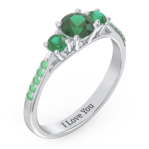 Three Stone Eternity Ring with Twin Accent Rows – Sterling Silver with Emerald and Green Premium Zirconia