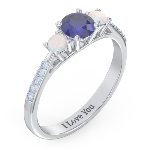 Three Stone Eternity Ring with Twin Accent Rows – Sterling Silver with Blue Sapphire, Opal, and Fancy Blue Premium Zirconia