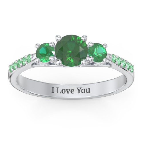Three Stone Eternity Ring with Twin Accent Rows – Sterling Silver with Emerald and Green Premium Zirconia