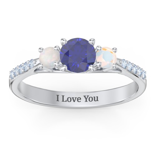 Three Stone Eternity Ring with Twin Accent Rows – Sterling Silver with Blue Sapphire, Opal, and Fancy Blue Premium Zirconia