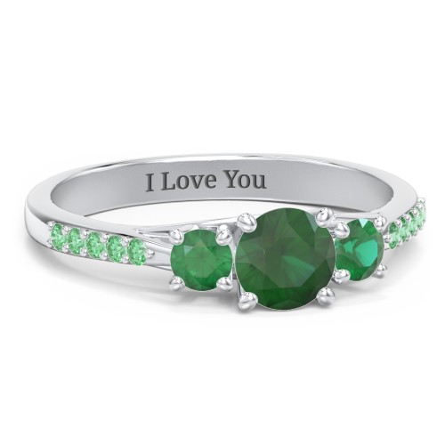 Three Stone Eternity Ring with Twin Accent Rows – Sterling Silver with Emerald and Green Premium Zirconia