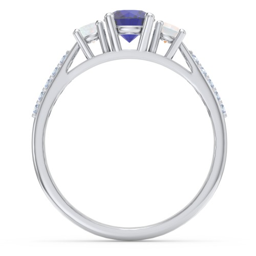 Three Stone Eternity Ring with Twin Accent Rows – 10K White Gold with Blue Sapphire, Opal, and Fancy Blue Premium Zirconia