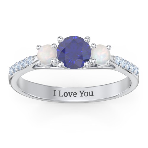 Three Stone Eternity Ring with Twin Accent Rows – 10K White Gold with Blue Sapphire, Opal, and Fancy Blue Premium Zirconia