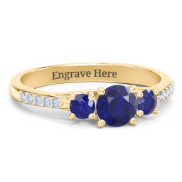 Three Stone Eternity Ring with Twin Accent Rows in 10K Solid Yellow Gold with Blue Sapphire and Fancy Blue Premium Zirconia