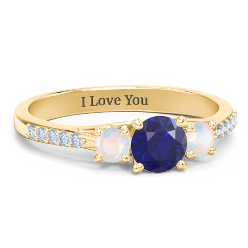 Three Stone Eternity Ring with Twin Accent Rows – 10K Yellow Gold with Blue Sapphire, Opal, and Fancy Blue Premium Zirconia