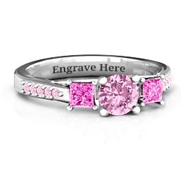 Three Stone Eternity Ring with Twin Accent Rows in 925 Sterling Silver with Pink Sapphire, Pink Tourmaline, and Fancy Pink Premium Zirconia