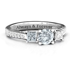 Three Stone Eternity Ring with Twin Accent Rows – Sterling Silver with Cubic Zirconia and White Premium Zirconia