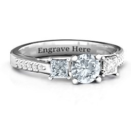 Three Stone Eternity Ring with Twin Accent Rows in 10K Solid White Gold with Cubic Zirconia and White Premium Zirconia