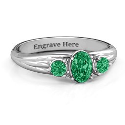 Three Stone Oval Centre Ring in 925 Sterling Silver with Emerald