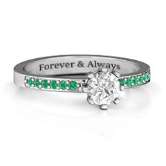 8 Prong Set Solitaire Ring with Shoulder Accents – Sterling Silver with Cubic Zirconia and Green Premium Zirconia