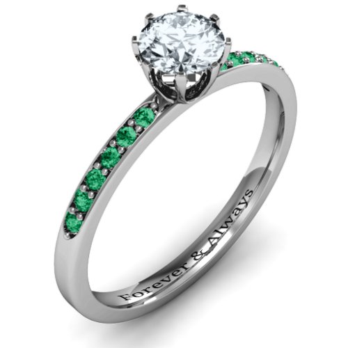 8 Prong Set Solitaire Ring with Shoulder Accents – Sterling Silver with Cubic Zirconia and Green Premium Zirconia