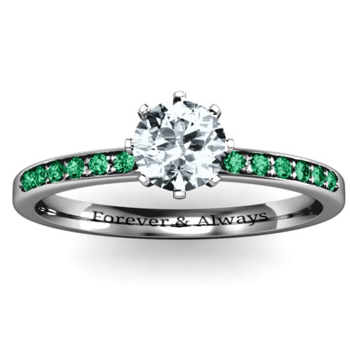 8 Prong Set Solitaire Ring with Shoulder Accents – Sterling Silver with Cubic Zirconia and Green Premium Zirconia