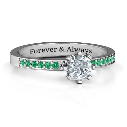 8 Prong Set Solitaire Ring with Shoulder Accents – Sterling Silver with Cubic Zirconia and Green Premium Zirconia