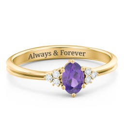 Solitaire Oval with Triple Accents Ring in 18K Gold Plated Silver with Amethyst and White Premium Zirconia