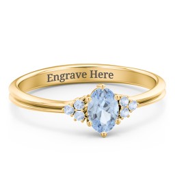 Solitaire Oval with Triple Accents Ring in 18K Gold Plated Silver with Aquamarine, Fancy Blue Premium Zirconia, and White Premium Zirconia