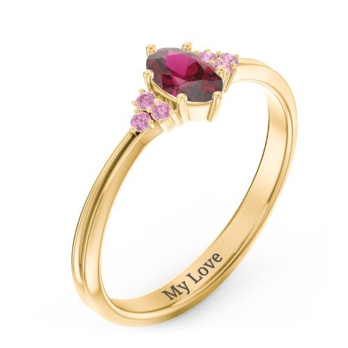 Solitaire Oval with Triple Accents Ring – 18K Gold Plated Silver with Ruby and Red Premium Zirconia