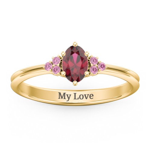 Solitaire Oval with Triple Accents Ring – 18K Gold Plated Silver with Ruby and Red Premium Zirconia