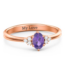 Solitaire Oval with Triple Accents Ring in 10K Solid Rose Gold with Amethyst and White Premium Zirconia