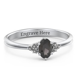 Solitaire Oval with Triple Accents Ring in 925 Sterling Silver with Smokey Quartz, Black Premium Zirconia, and Diamond