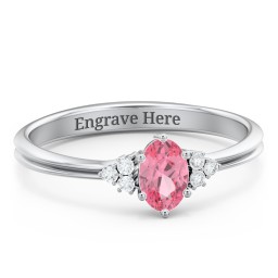 Solitaire Oval with Triple Accents Ring in 925 Sterling Silver with Pink Tourmaline, White Premium Zirconia, and Diamond