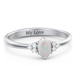Solitaire Oval with Triple Accents Ring in 925 Sterling Silver with Opal, White Premium Zirconia, and Diamond
