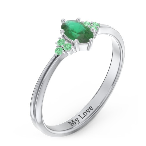 Solitaire Oval with Triple Accents Ring – Sterling Silver with Emerald and Green Premium Zirconia
