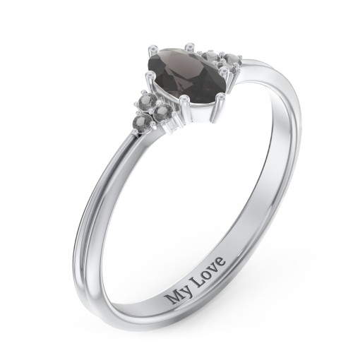 Solitaire Oval with Triple Accents Ring – Sterling Silver with Smokey Quartz and Black Premium Zirconia