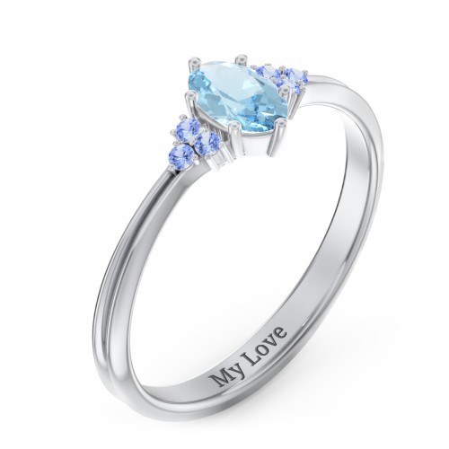 Solitaire Oval with Triple Accents Ring – Sterling Silver with Blue Topaz and Fancy Blue Premium Zirconia