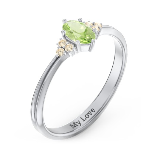 Solitaire Oval with Triple Accents Ring – Sterling Silver with Peridot and Fancy Yellow Premium Zirconia
