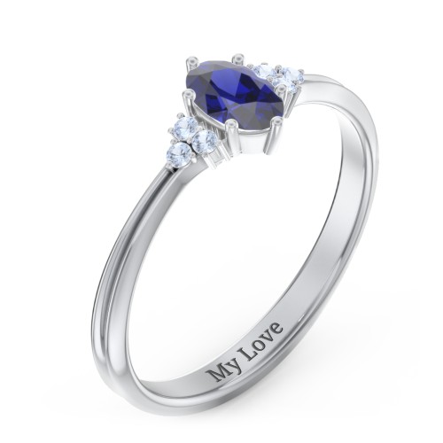 Solitaire Oval with Triple Accents Ring – Sterling Silver with Blue Sapphire and Fancy Blue Premium Zirconia