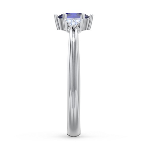 Solitaire Oval with Triple Accents Ring – Sterling Silver with Blue Sapphire and Fancy Blue Premium Zirconia