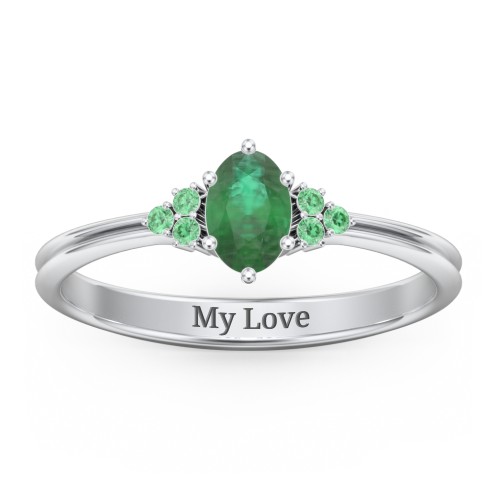 Solitaire Oval with Triple Accents Ring – Sterling Silver with Emerald and Green Premium Zirconia